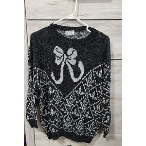 VTG GFC Sweater Black Charcoal Gray Holiday Sweater w/Bow Size Large READ BELOW